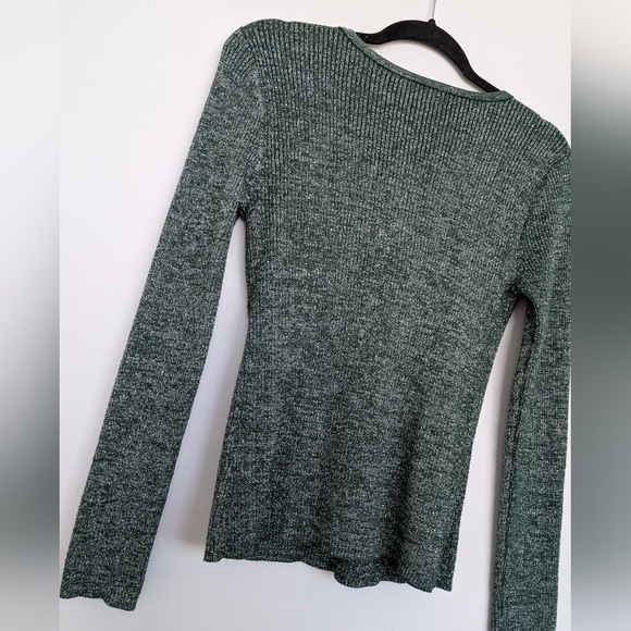 Metallic Green Silver Twist Front V Neck Rib Knit Long Sleeve Stretch Blouse - Picture 13 of 15